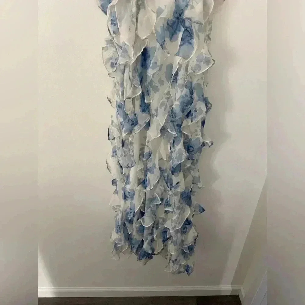 NWOT Anthropologie BHLDN Jia Printed Bias-Cut Ruffled V-Neck Gown Maxi Blue Sz 2 - Picture 6 of 7